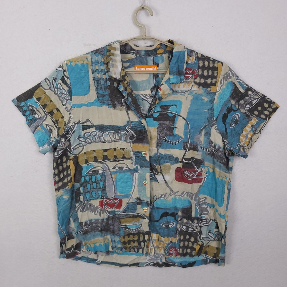 Jams World Visage Turquoise Shirt Womens XL Blue Abstract Face Art to Wear W624